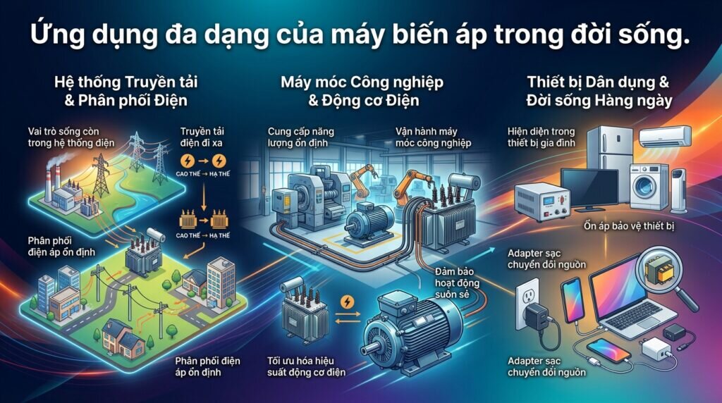 Ứng dụng đa dạng của máy biến áp trong đời sống.