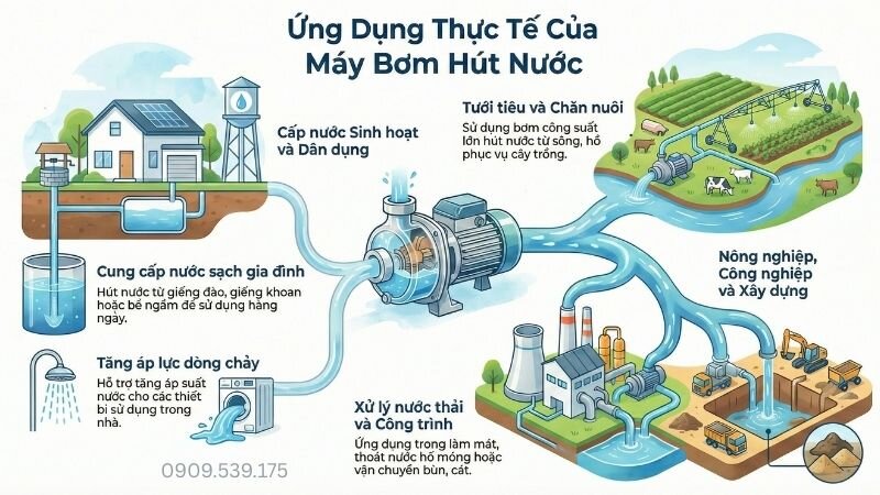 Ứng dụng thực tế của máy bơm hút nước.