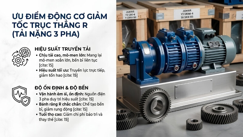 Ưu điểm động cơ giảm tốc 3 pha tải nặng trục thẳng R
