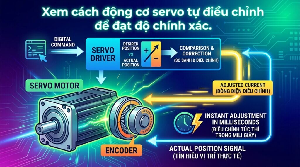 Xem cách động cơ servo tự điều chỉnh để đạt độ chính xác.