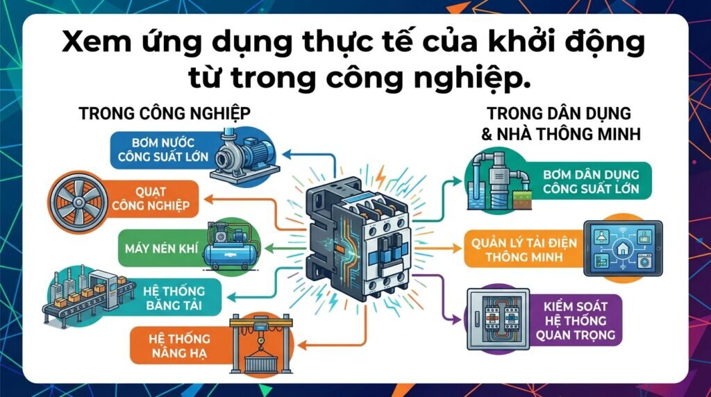 Xem ứng dụng thực tế của khởi động từ trong công nghiệp.