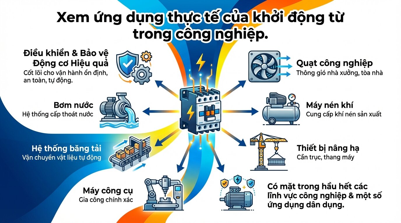 Xem ứng dụng thực tế của khởi động từ trong công nghiệp.
