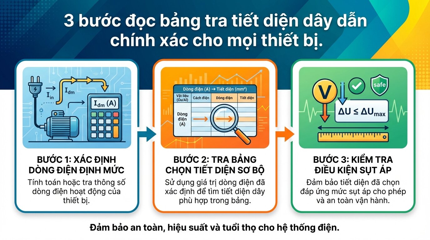 3 bước đọc bảng tra tiết diện dây dẫn chính xác cho mọi thiết bị.