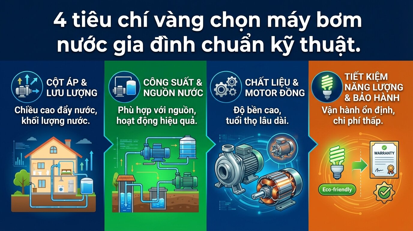 4 tiêu chí vàng chọn máy bơm nước gia đình chuẩn kỹ thuật.