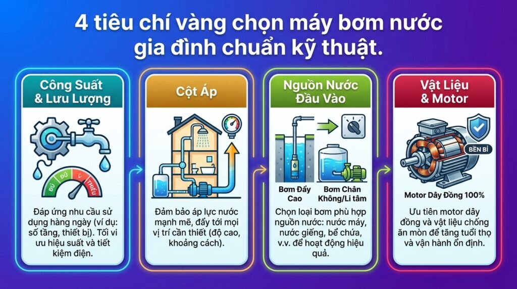 4 tiêu chí vàng chọn máy bơm nước gia đình chuẩn kỹ thuật.
