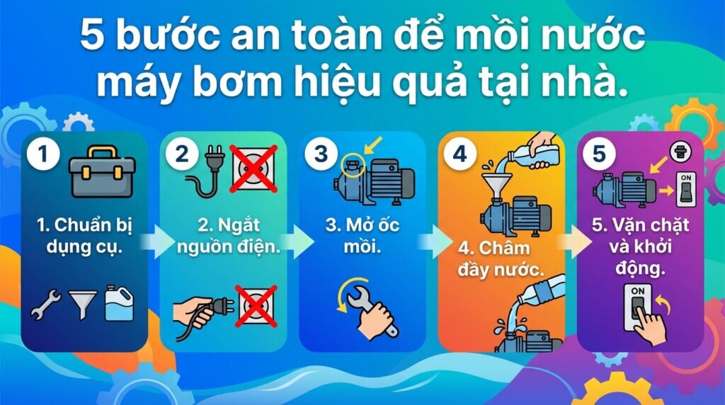 5 bước an toàn để mồi nước máy bơm hiệu quả tại nhà.