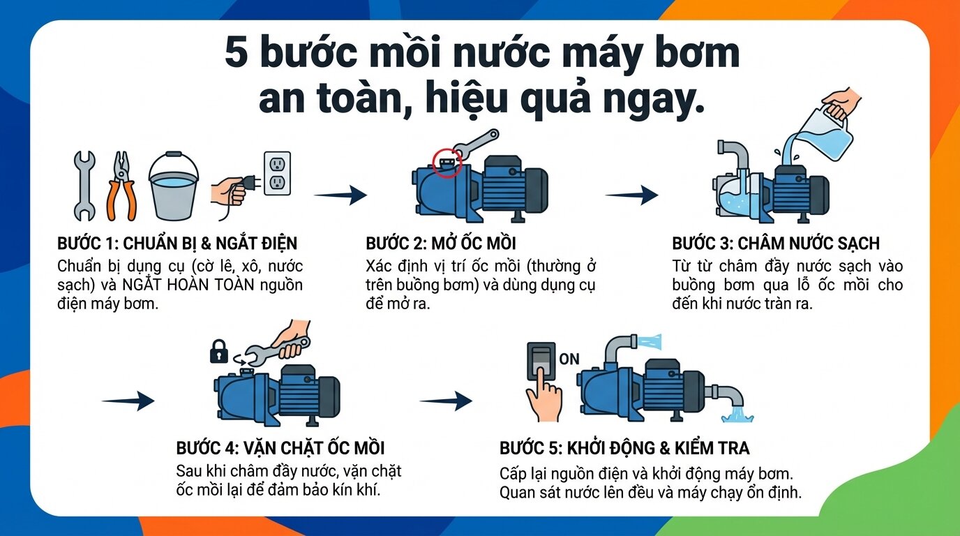5 bước mồi nước máy bơm an toàn, hiệu quả ngay.