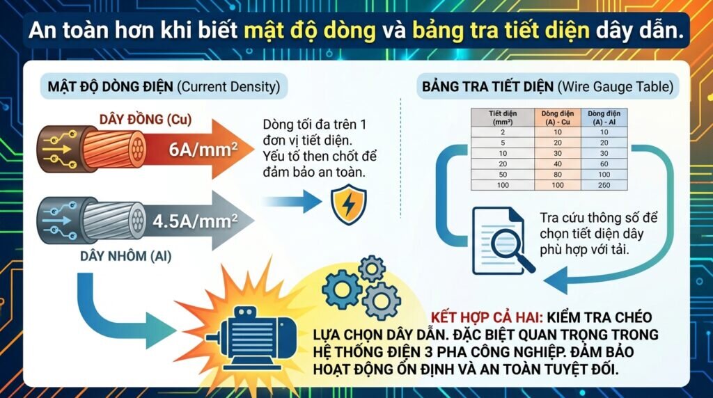 An toàn hơn khi biết mật độ dòng và bảng tra tiết diện dây dẫn.