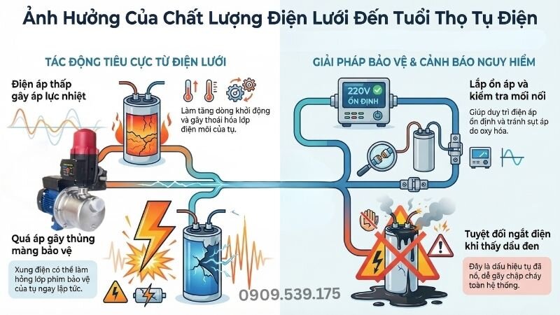 Ảnh hưởng của chất lượng điện lưới đến tuổi thọ tụ điện.