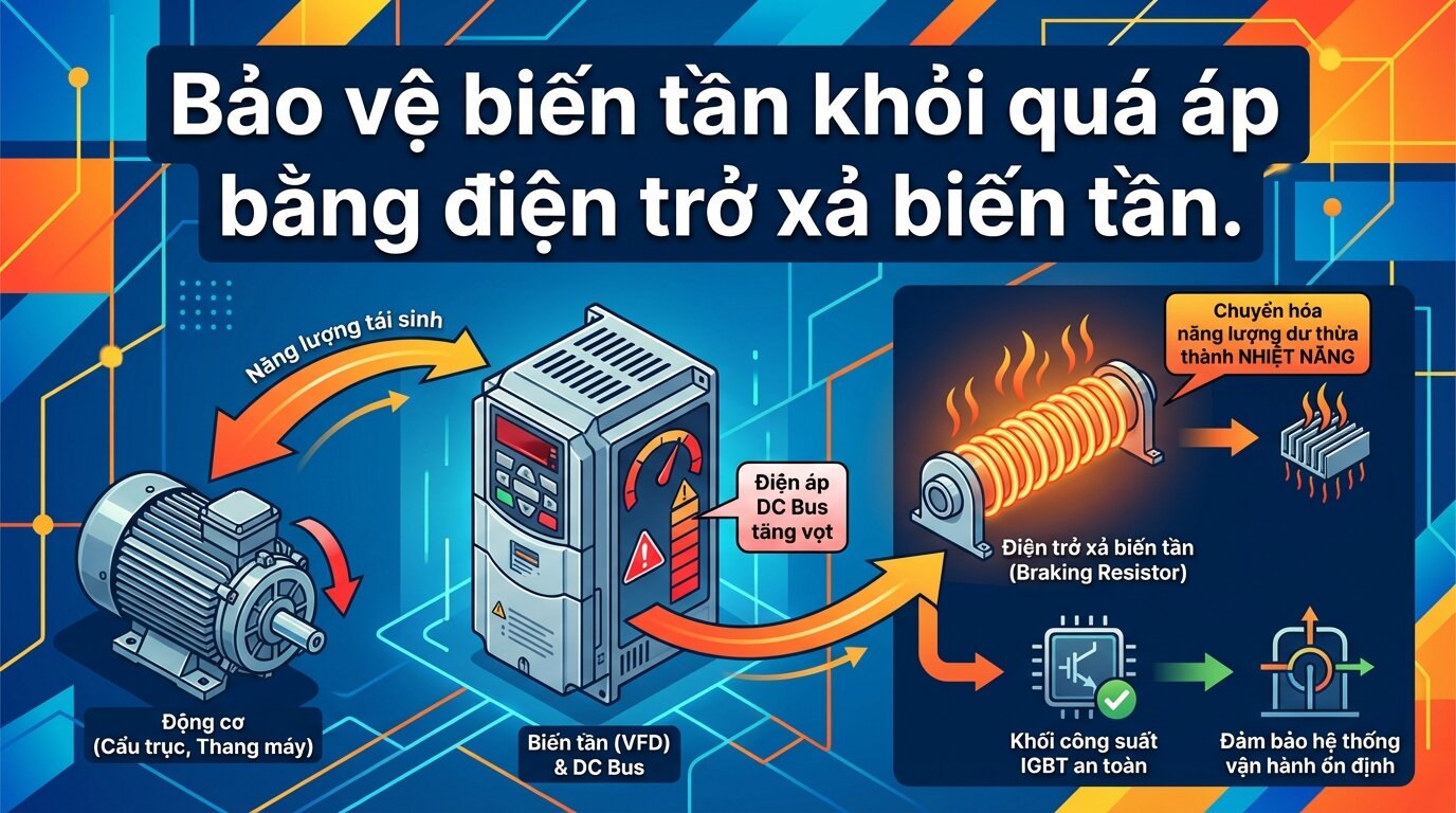 Bảo vệ biến tần khỏi quá áp bằng điện trở xả biến tần.