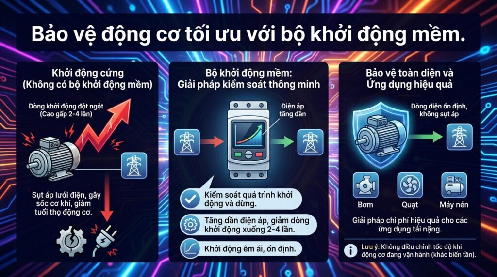 Bảo vệ động cơ tối ưu với bộ khởi động mềm.