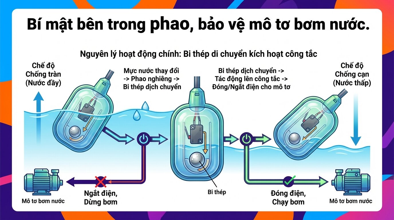 Bí mật bên trong phao, bảo vệ mô tơ bơm nước.