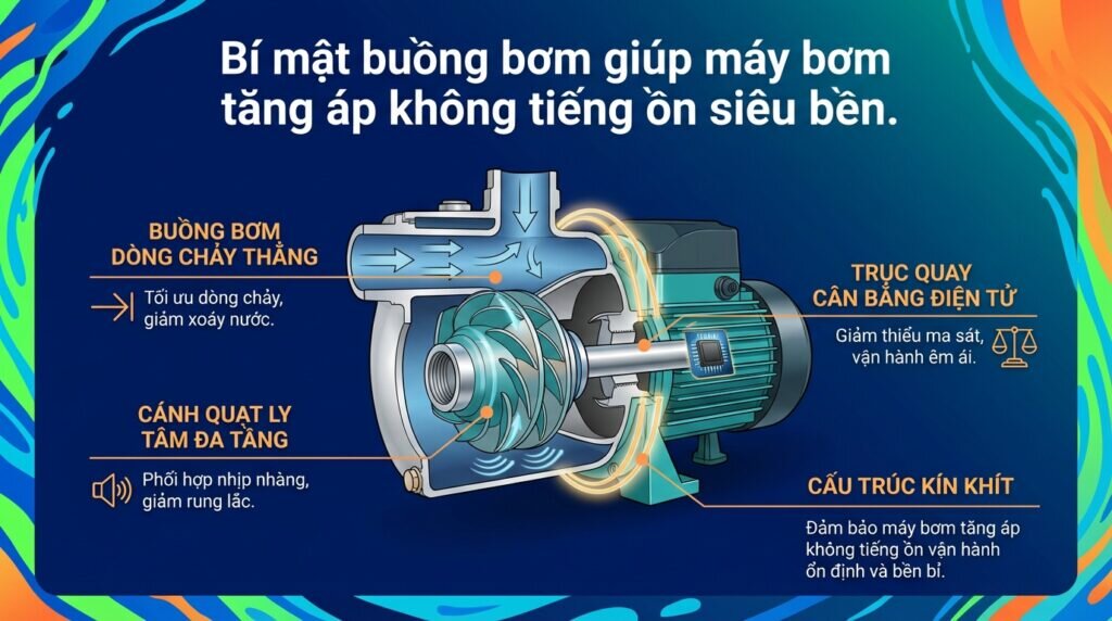 Bí mật buồng bơm giúp máy bơm tăng áp không tiếng ồn siêu bền.