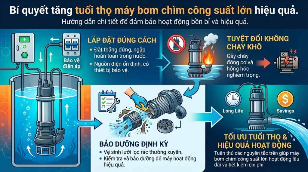 Bí quyết tăng tuổi thọ máy bơm chìm công suất lớn hiệu quả.