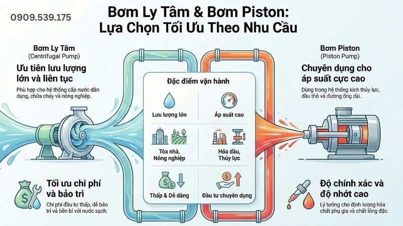 Bơm ly tâm và bơm piston lựa chọn tối ưu theo nhu cầu.