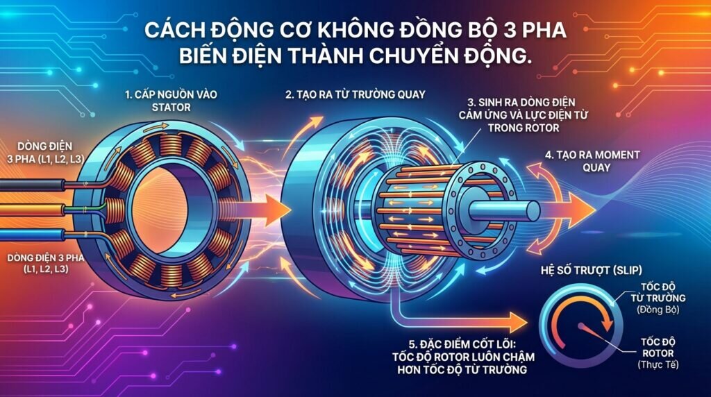 Cách động cơ không đồng bộ 3 pha biến điện thành chuyển động.