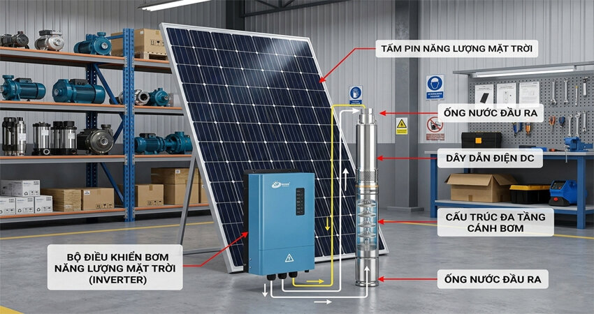 Máy bơm nước năng lượng mặt trời mang thiết kế đặc trưng giúp tiết kiệm điện và tối đa chi phí