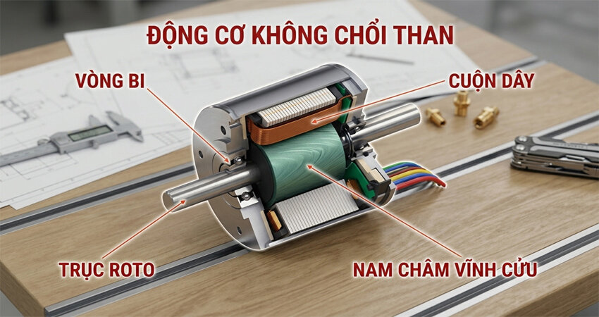 Cấu tạo từ các thành phần đặc biệt giúp động cơ không chổi than mang điểm nổi bật với hoạt động mạnh mẽ