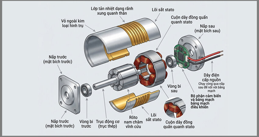 Động cơ kích từ không chổi than được thiết kế theo nguyên lý truyền điện không tiếp xúc giúp loại bỏ hoàn toàn chổi than