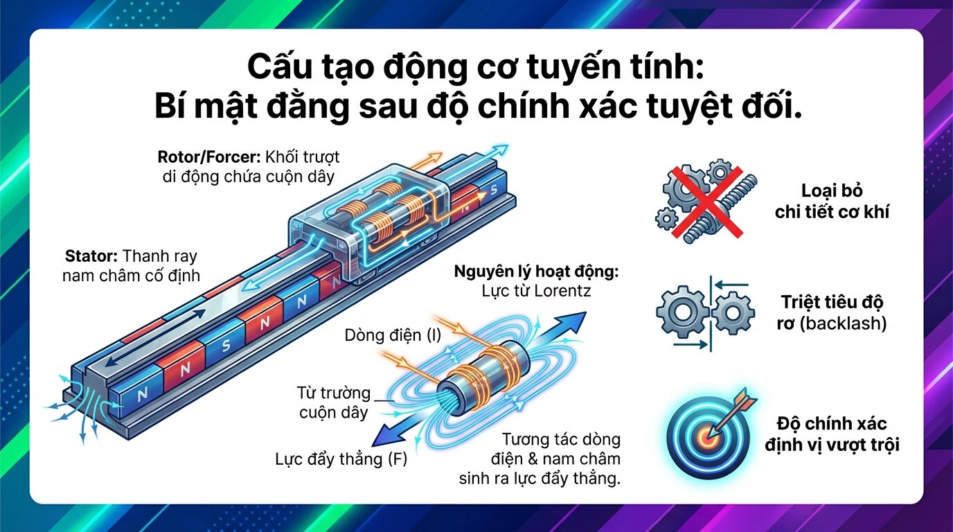 Cấu tạo động cơ tuyến tính: Bí mật đằng sau độ chính xác tuyệt đối.