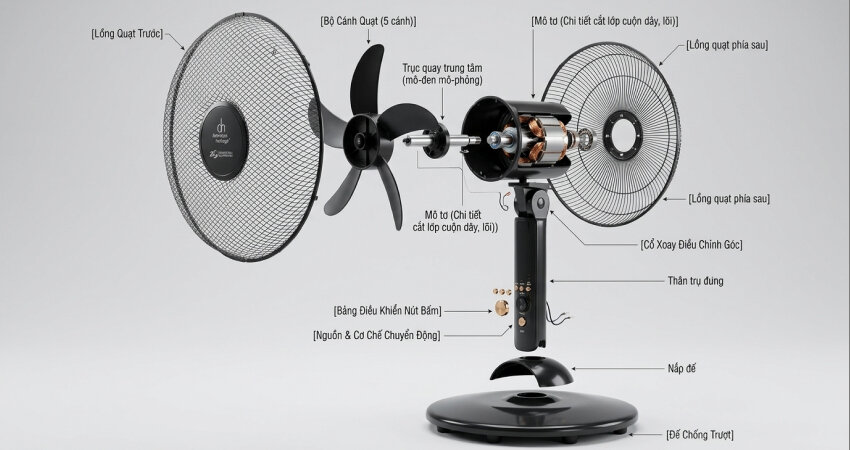 Motor quạt tích điện không chổi than được cấu tạo từ các vật liệu bền bỉ cao cấp giúp thiết bị vận hành mạnh mẽ