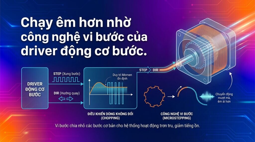 Chạy êm hơn nhờ công nghệ vi bước của driver động cơ bước.