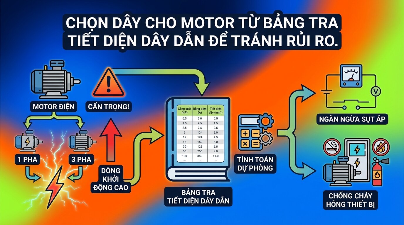 Chọn dây cho motor từ bảng tra tiết diện dây dẫn để tránh rủi ro.