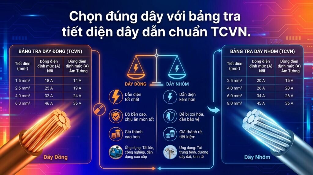Chọn đúng dây với bảng tra tiết diện dây dẫn chuẩn TCVN.