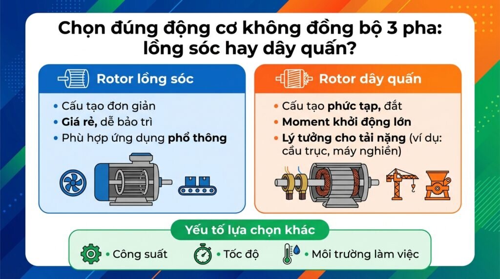 Chọn đúng động cơ không đồng bộ 3 pha: lồng sóc hay dây quấn?