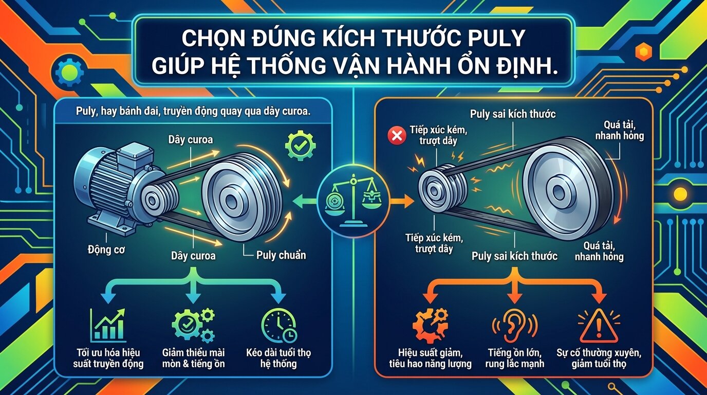 Choosing the correct pulley dimensions helps the system operate stably.
