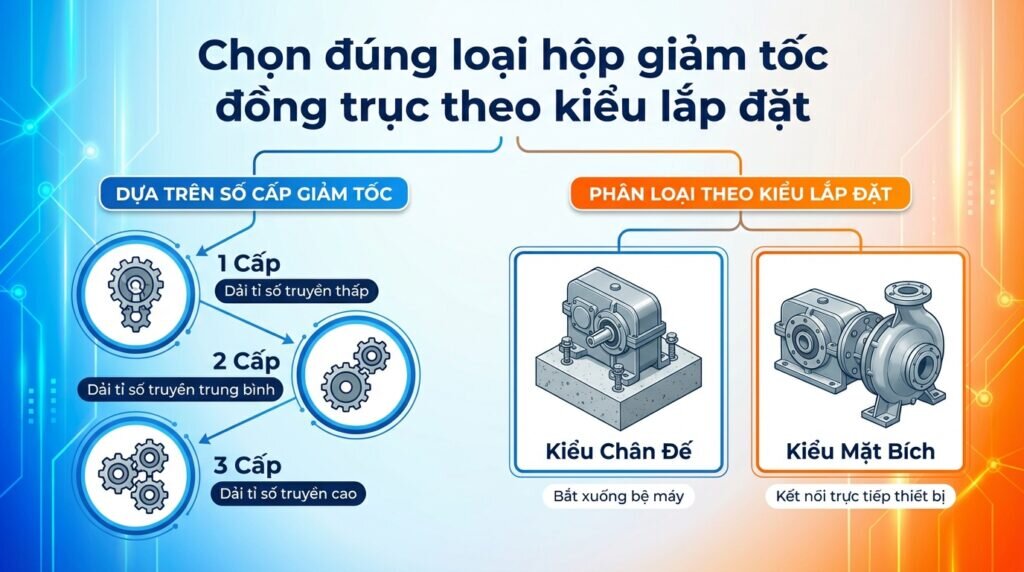 Chọn đúng loại hộp giảm tốc đồng trục theo kiểu lắp đặt.