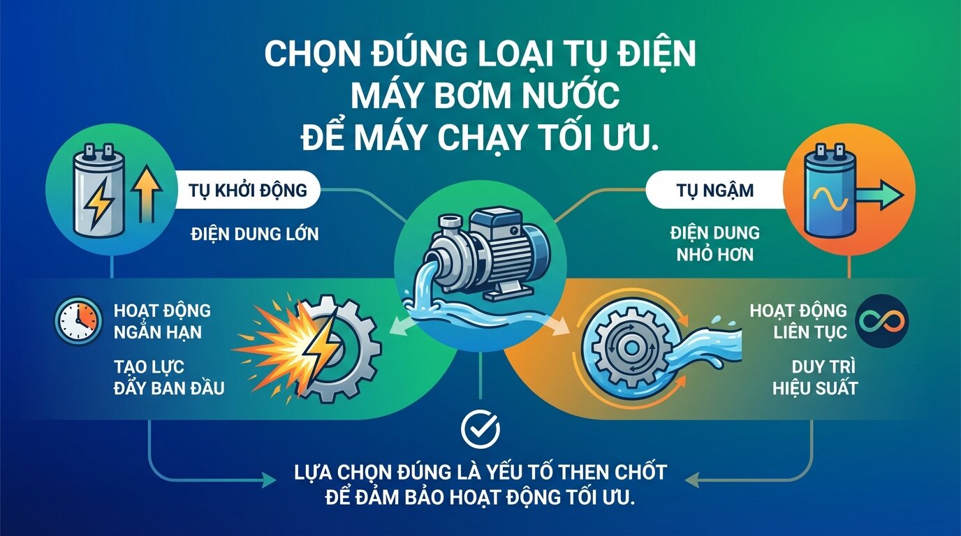 Chọn đúng loại tụ điện máy bơm nước để máy chạy tối ưu.