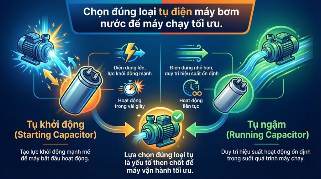 Chọn đúng loại tụ điện máy bơm nước để máy chạy tối ưu.