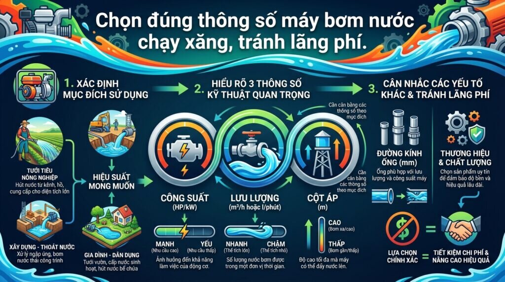 Chọn đúng thông số máy bơm nước chạy xăng, tránh lãng phí.