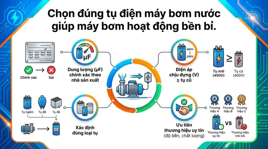 Chọn đúng tụ điện máy bơm nước giúp máy bơm hoạt động bền bỉ.