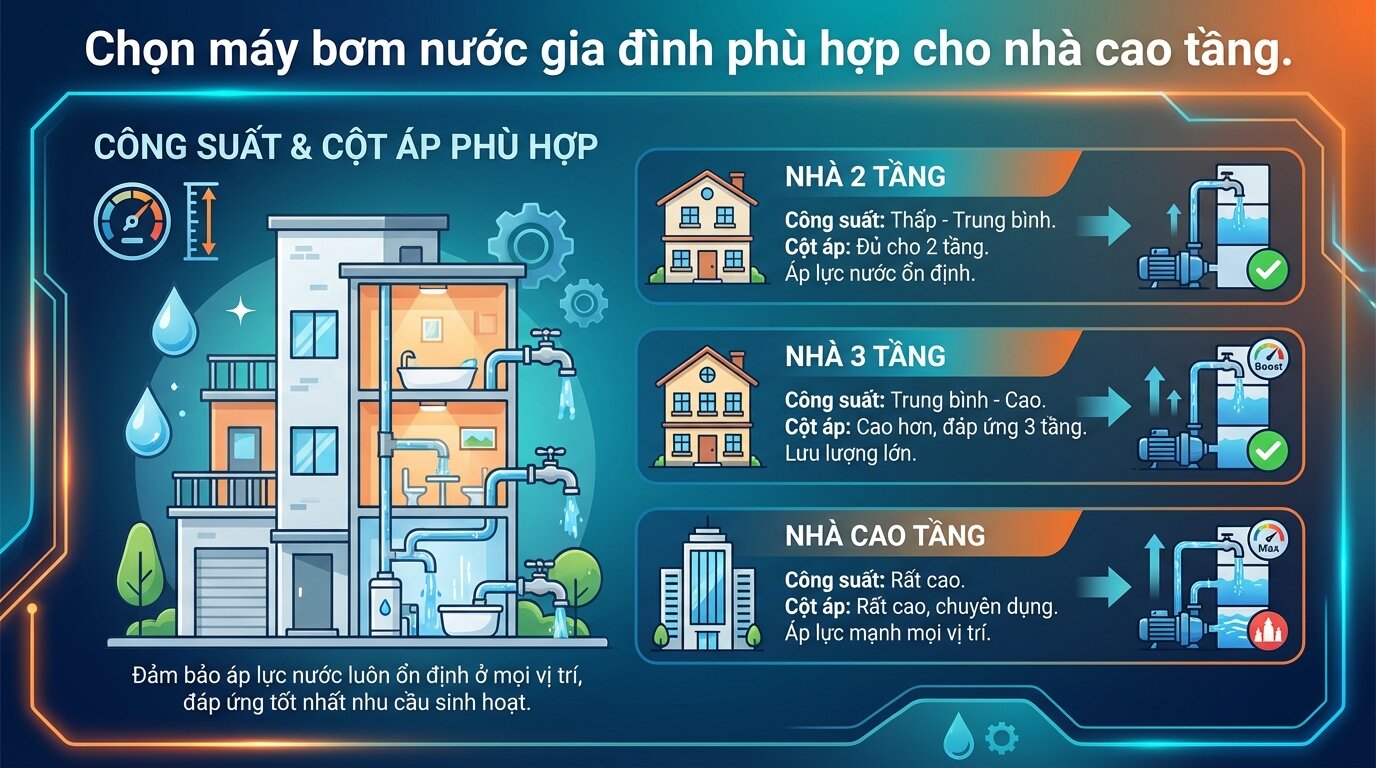 Chọn máy bơm nước gia đình phù hợp cho nhà cao tầng.