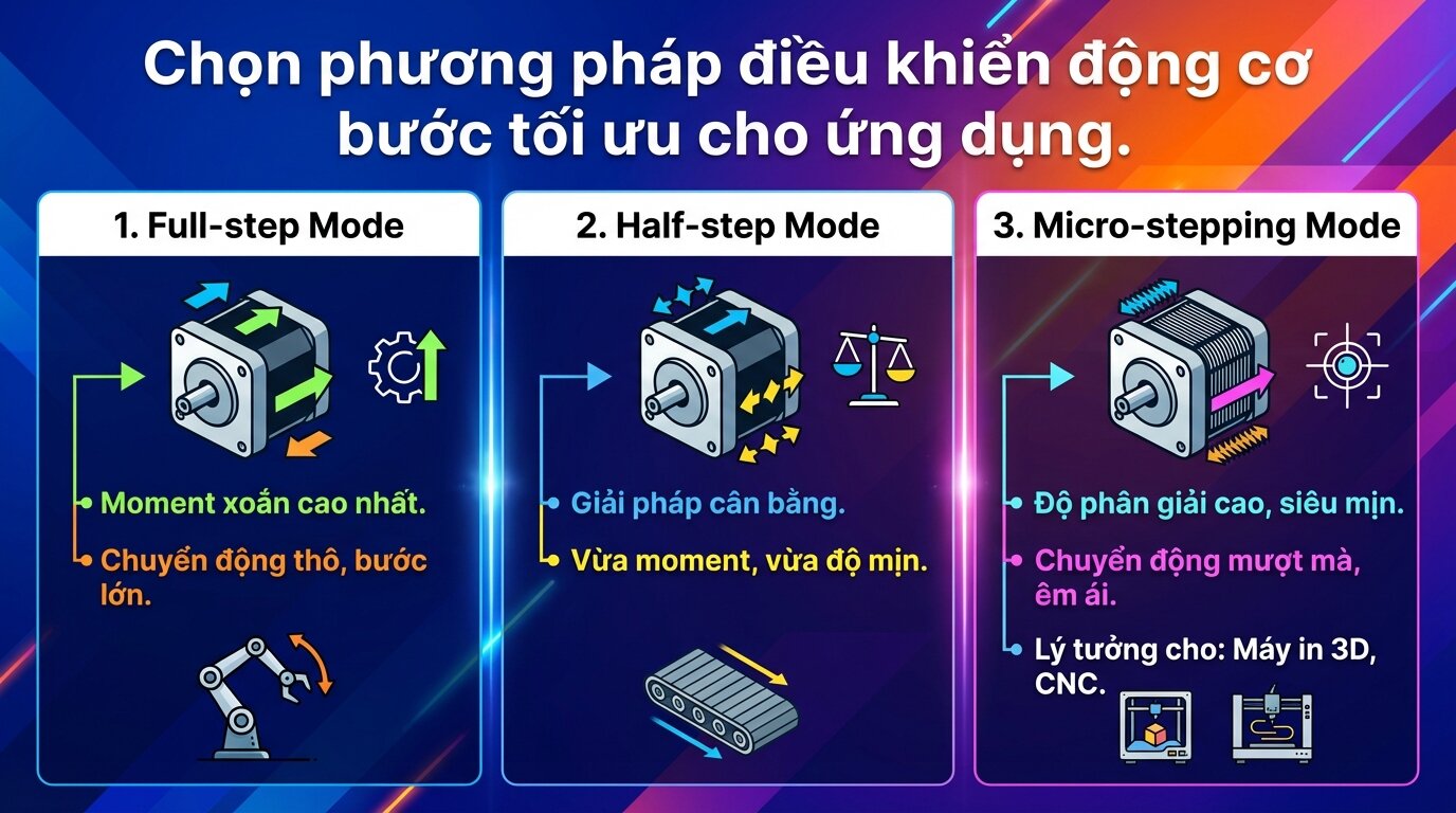 Chọn phương pháp điều khiển động cơ bước tối ưu cho ứng dụng.
