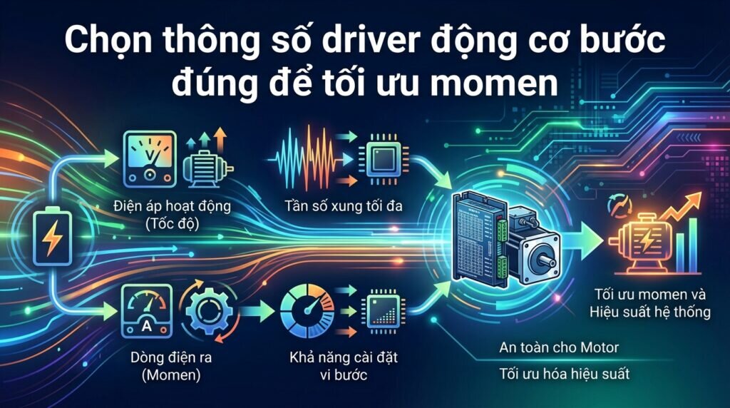 Chọn thông số driver động cơ bước đúng để tối ưu momen.
