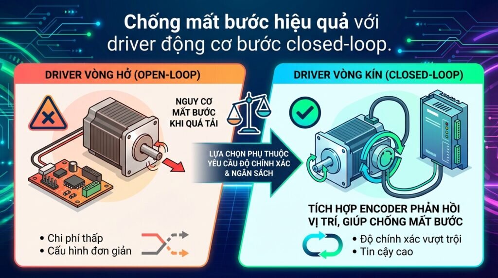 Chống mất bước hiệu quả với driver động cơ bước closed-loop.