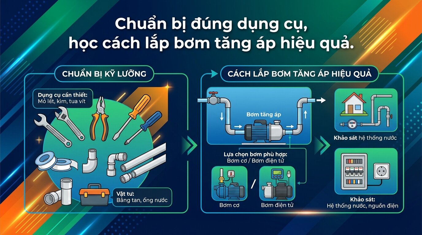 Chuẩn bị đúng dụng cụ, học cách lắp bơm tăng áp hiệu quả.