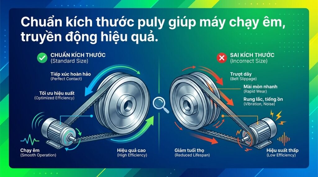 Chuẩn kích thước puly giúp máy chạy êm, truyền động hiệu quả.