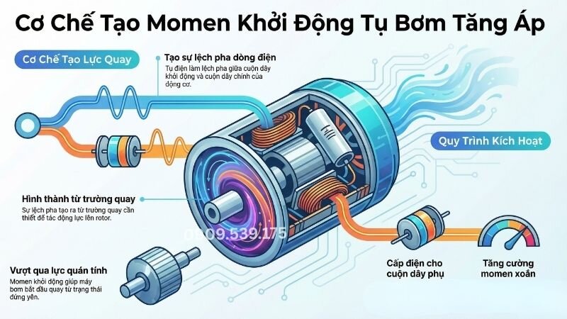 Cơ chế tạo momen khởi động của tụ bơm tăng áp.