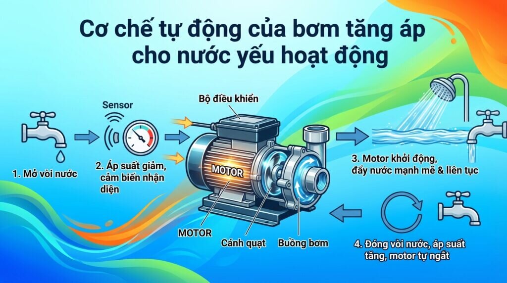 Cơ chế tự động của bơm tăng áp cho nước yếu hoạt động.