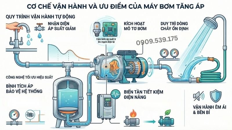 Cơ chế vận hành và ưu điểm của máy bơm tăng áp. 