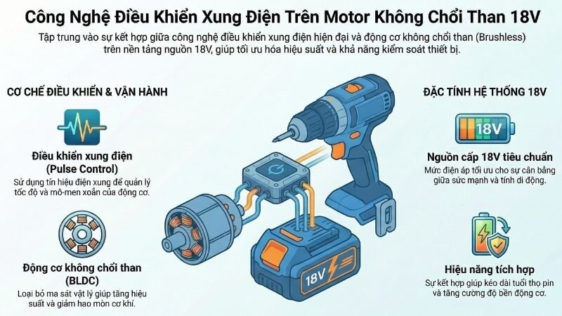 Công nghệ điều khiển xung điện trên motor không chổi than 18v.