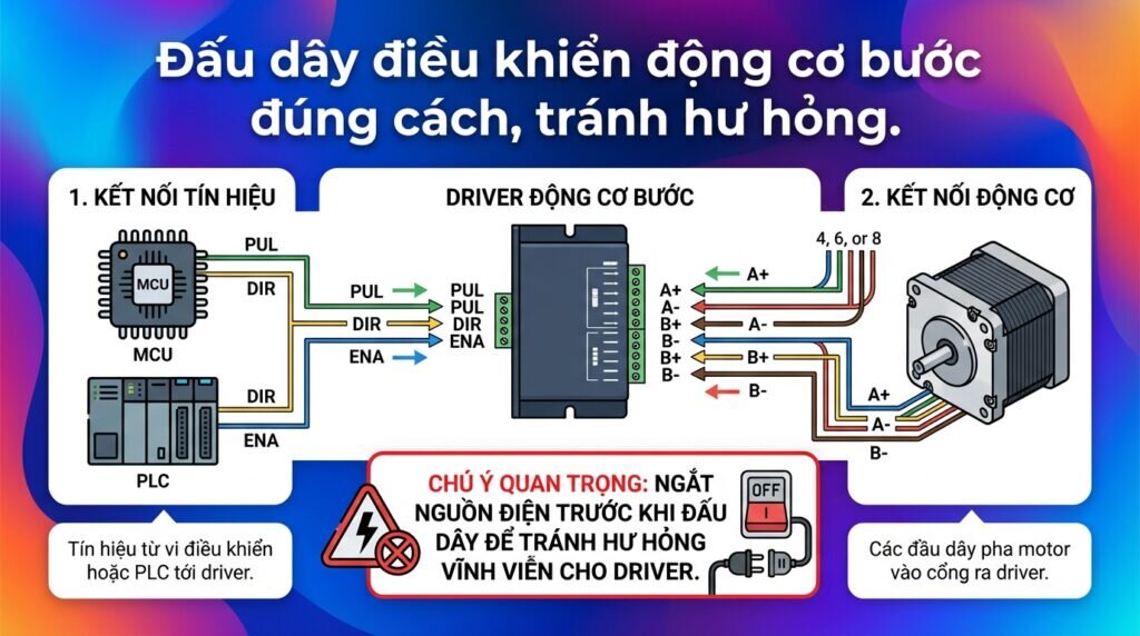 Đấu dây điều khiển động cơ bước đúng cách, tránh hư hỏng.