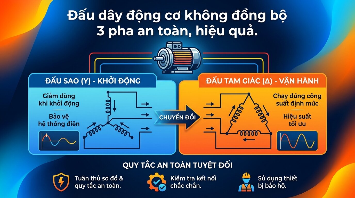 Đấu dây động cơ không đồng bộ 3 pha an toàn, hiệu quả.