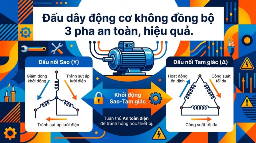 Đấu dây động cơ không đồng bộ 3 pha an toàn, hiệu quả.