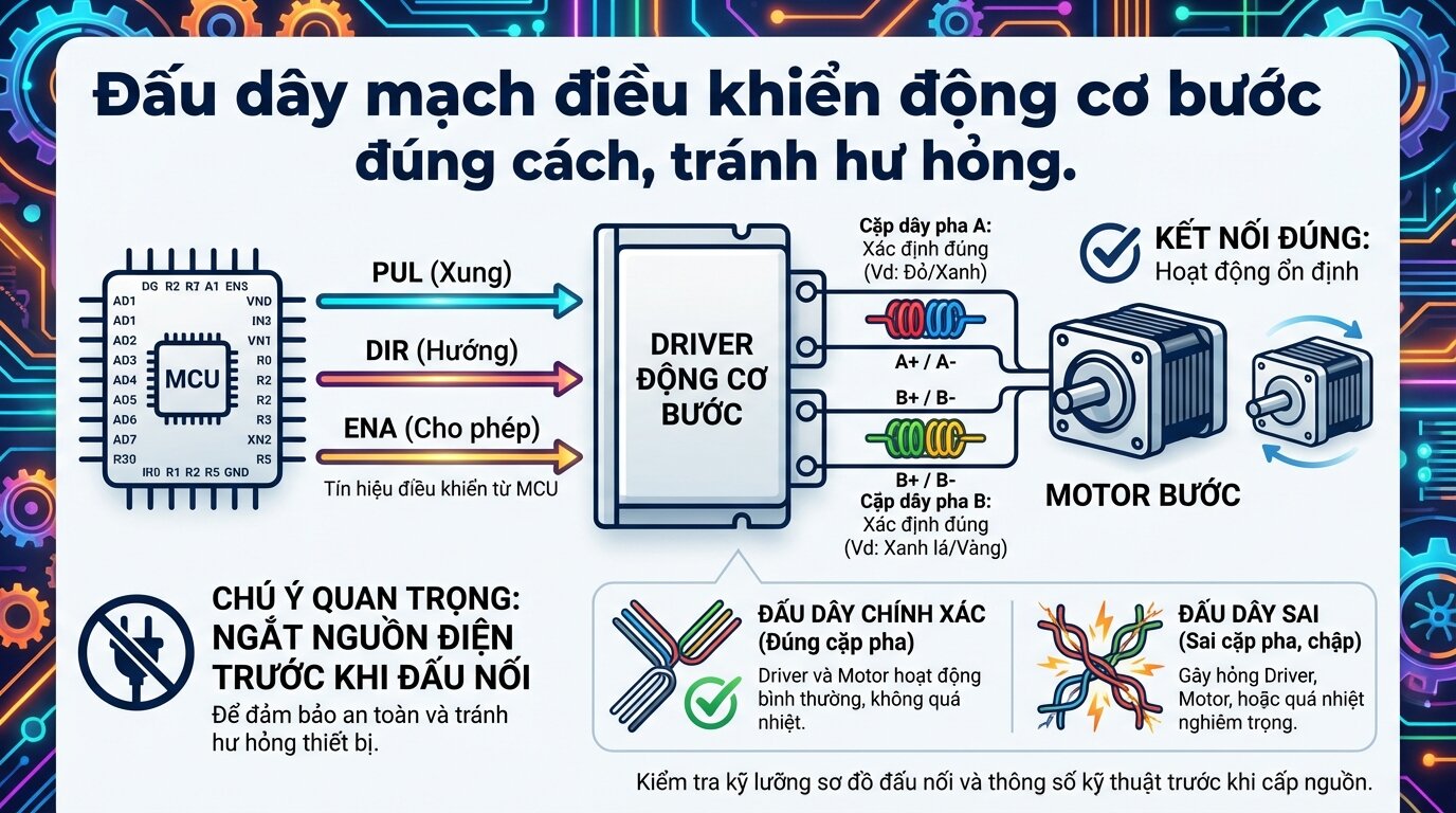 Đấu dây mạch điều khiển động cơ bước đúng cách, tránh hư hỏng.