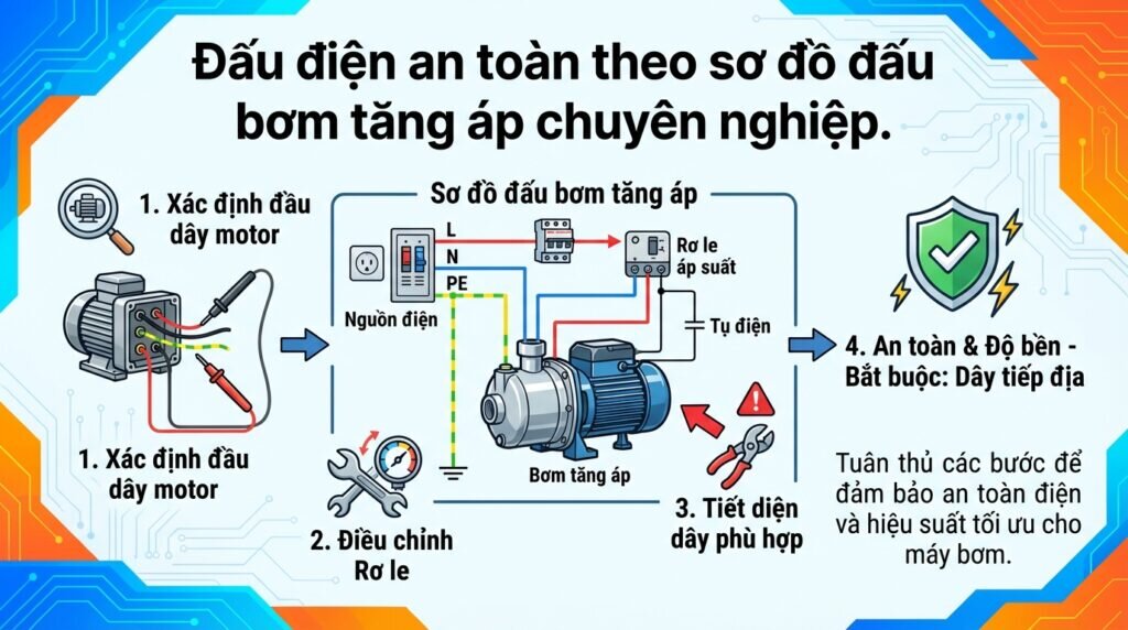 Đấu điện an toàn theo sơ đồ đấu bơm tăng áp chuyên nghiệp.